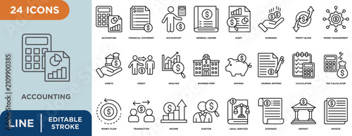 Accounting line icon set with editable stroke for financial statement, accountant, general ledger, audit, earnings, profit and loss, and money management