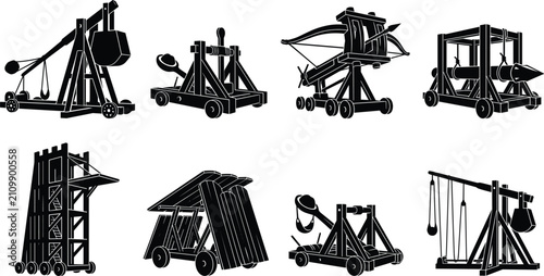 Foto Medieval Siege Weapon Silhouette Collection Featuring Catapult Trebuchet Ballist