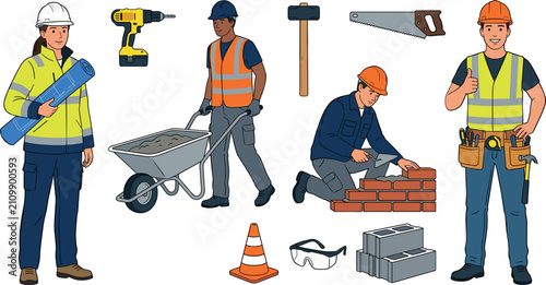 Construction Site Workers and Builder Character Set Featuring Engineer with Blueprint, Mason Laying Bricks, Laborer with Wheelbarrow, and Professional Hand Tools