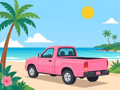 Pink Pickup Truck on Tropical Beach Vector Illustration