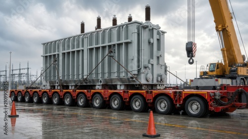 Large transformer being transported by a flatbed truck at a construction site during cloudy weather