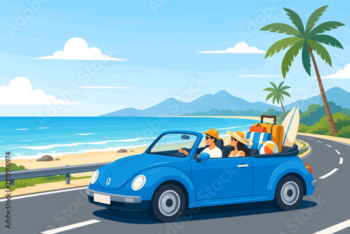 Blue Convertible Car on Tropical Beach Road Vector Illustration