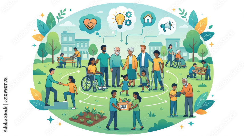 Naklejka premium Inclusive Community Support Illustration Featuring Diverse People Working Together for Social Welfare and Neighborhood Assistance.