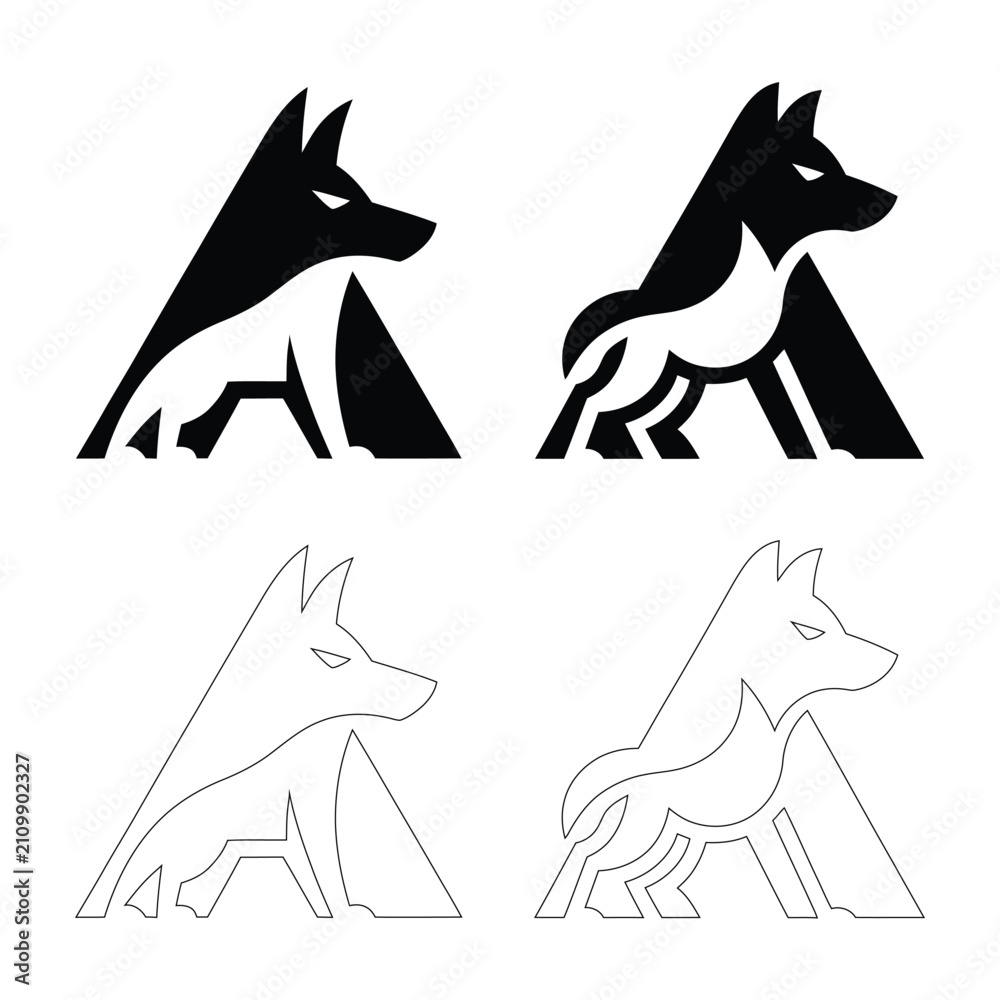 Fototapeta premium Abstract geometric logo design featuring a stylized wolf or fox icon in various forms