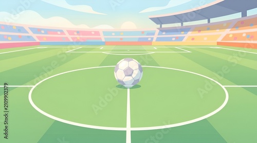 Soccer ball on stadium field, ready for game, cartoon style