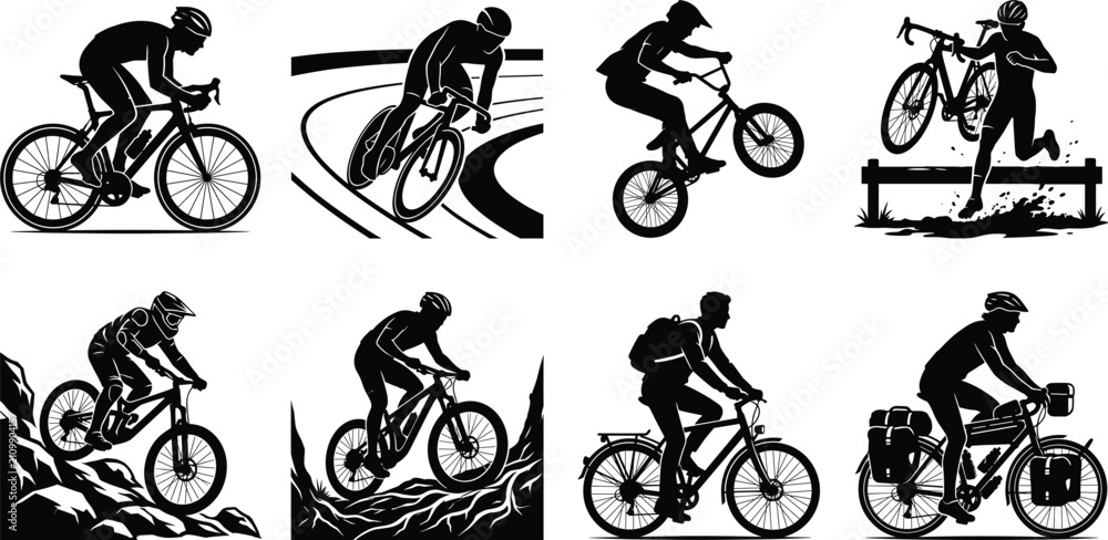 Obraz premium Set of black silhouette cyclist icons featuring mountain, road, bmx, cyclocross, and touring bicycle riders