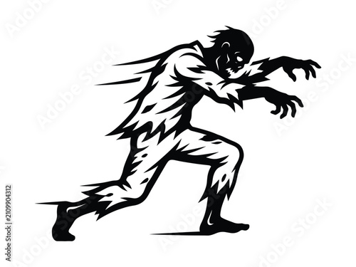 Black and White Silhouette Illustration of a Creepy Stalking Zombie Creature Moving Forward for Horror Themed Design Projects