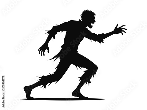 Silhouette of a zombie running with ripped clothes and a menacing expression, perfect for horror themes and Halloween designs