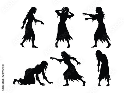 Silhouette collection of terrifying female zombies in various spooky poses and frightening actions