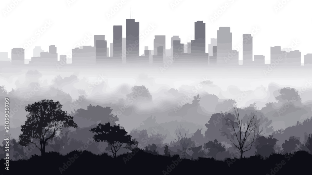 Fototapeta premium Misty Urban Skyline Over Trees
