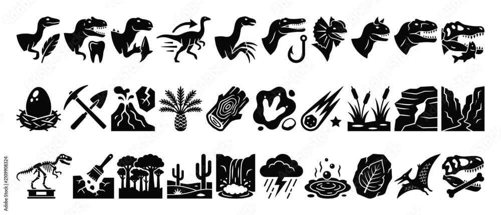 Fototapeta premium Set of dinosaur paleontology and prehistoric environment icon shapes for learning resources and natural history presentations