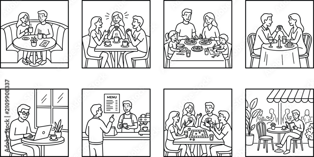 Obraz premium Storyboard depicting social interactions in a restaurant or cafe setting with multiple panels