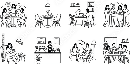 Charming black and white illustrations depicting various scenes of people enjoying cafes and social gatherings