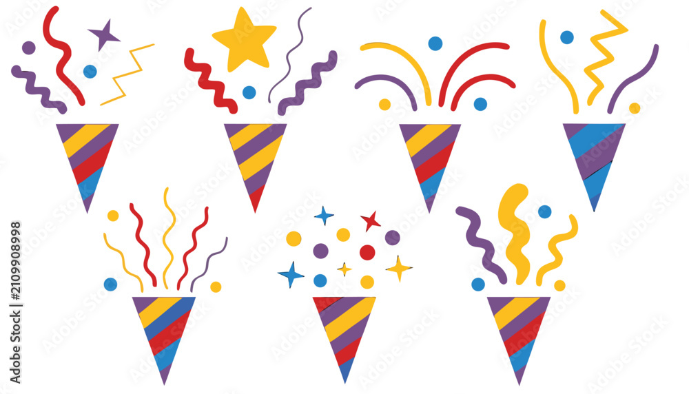 Fototapeta premium vector illustration Collection of colorful party poppers with confetti and streamers