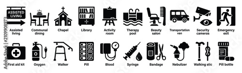 Set of assisted living facility services and medical equipment icons for informational graphics and brochures