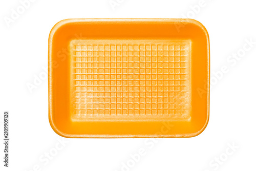 Orange foam tray for food, isolated on white background