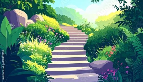 Serene garden pathway with blooming flowers and lush greenery.