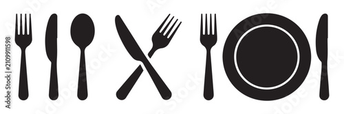 Slika na platnu Set of black restaurant icons with cutlery and tableware on transparent background, vector illustration