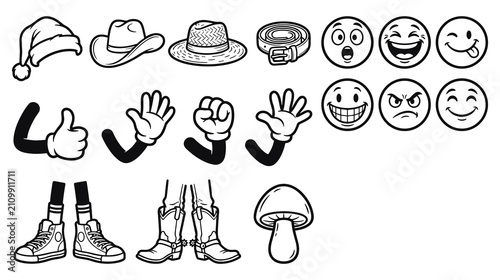 Retro cartoon character builder elements collection for graphic design art.