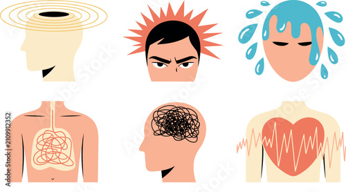 Bild auf Leinwand Panic Attack and Physical Anxiety Symptom Concept Set with Dizziness, Anger, Swe