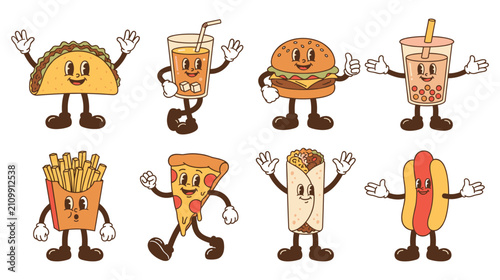 Retro cartoon fast food characters with mascot style and rubber hose.