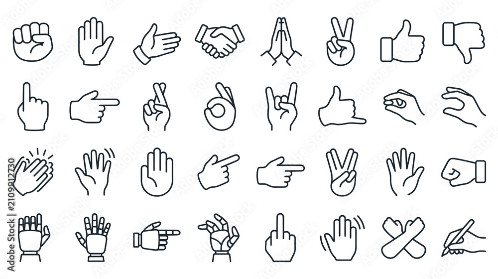 Fototapeta premium Human hand gestures line icons showing diverse signals and movements.