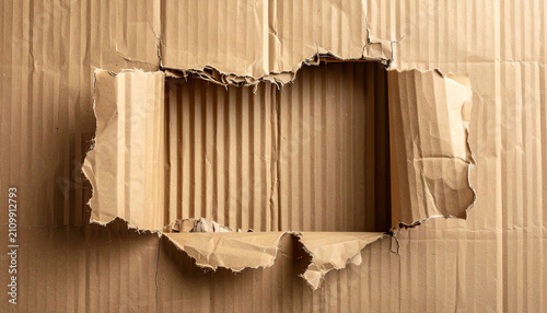 A close-up view of a piece of brown corrugated cardboard with a large, irregularly torn hole in the center, revealing its inner structure.
