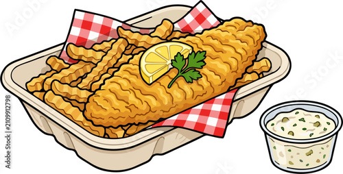Canvastavla Fish and Chips Cartoon Illustration, Crispy Battered Fish Fillet with Crinkle Cu