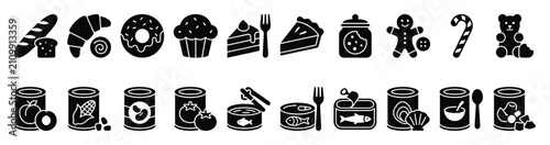 Set of food icons illustrating baked goods desserts and canned provisions for culinary purposes