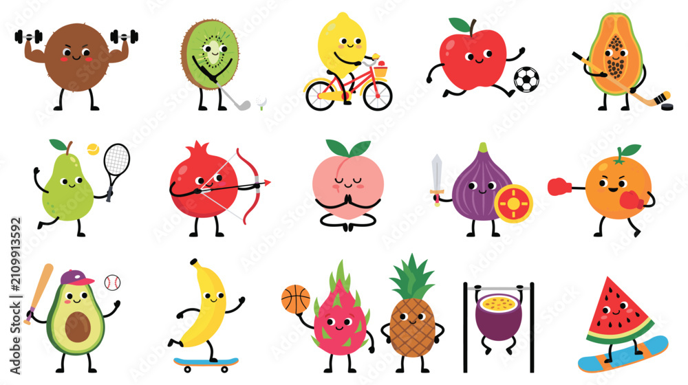 Obraz premium Set of healthy food characters doing sport and fitness vector illustration.