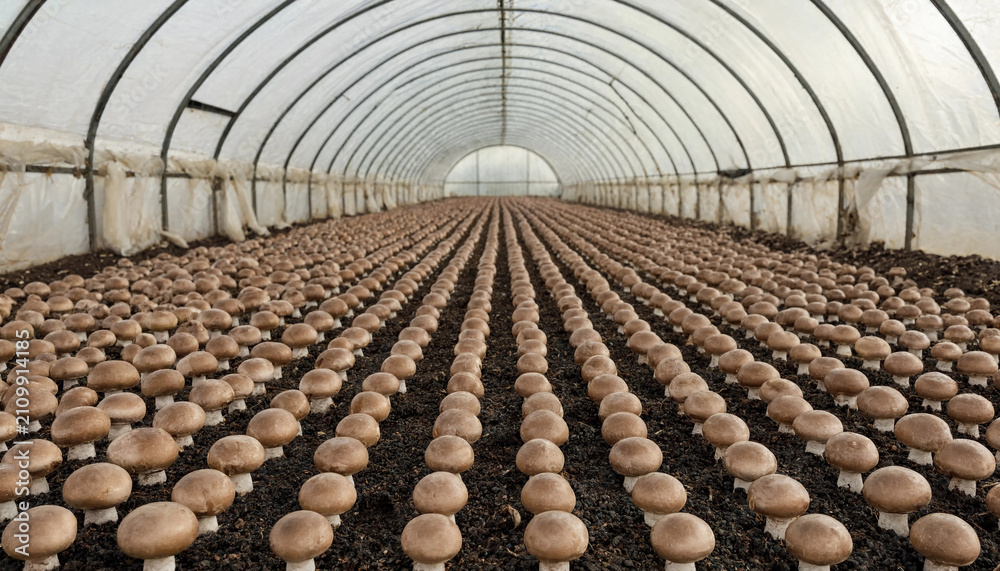 Fototapeta premium A long view inside a large greenhouse tunnel filled with rows of brown mushrooms growing in the soil, stretching into the distance under plastic