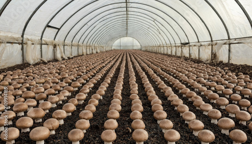 Obraz na plátně A long view inside a large greenhouse tunnel filled with rows of brown mushrooms