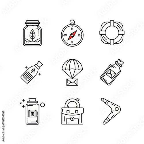Adventure and Survival Icons: Compass, Lifebuoy, Parachute, Boomerang, Jars