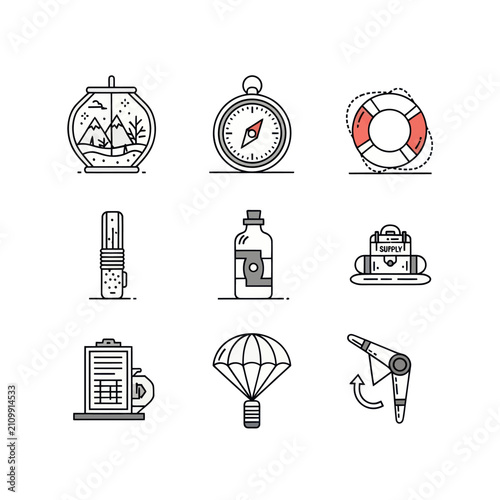 Adventure and Survival Icons Set: Compass, Lifebuoy, Backpack, Parachute, First Aid