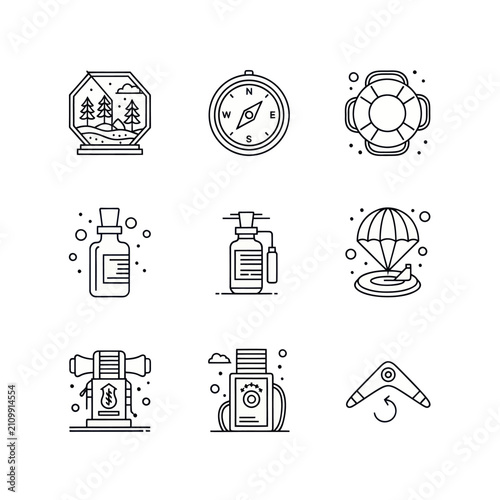 Adventure and Travel Icons: Compass, Lifebuoy, Boomerang, Parachute