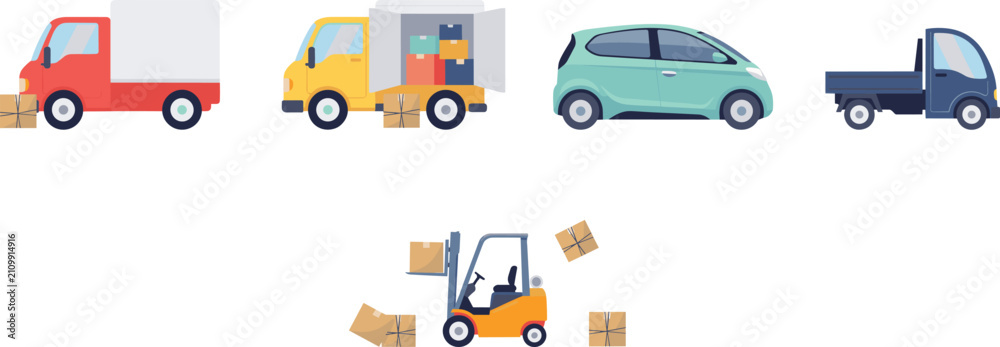 Fototapeta premium Commercial Delivery Vehicles and Logistics Fleet Vector Set Featuring Delivery Trucks, Electric Car, Pickup, Forklift, and Cardboard Shipping Boxes for Transportation Design