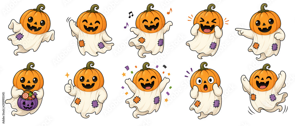 Obraz premium Cute halloween pumpkin ghost characters isolated on white background for spooky celebrations and festive decor