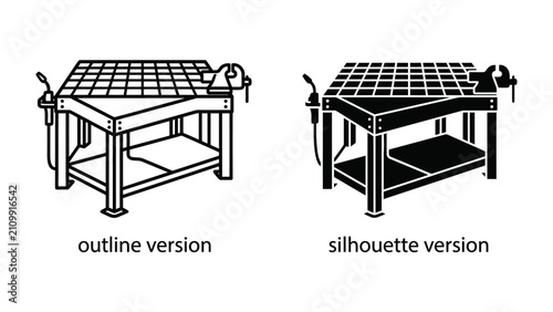 Obraz na plátně Welding Workbench: Two views of a heavy-duty welding workbench, one in outline and the other as a silhouette, showcasing its sturdy construction and integrated vise