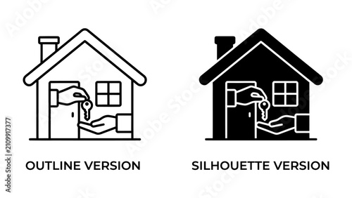 Bild auf Leinwand House Ownership Icons: Two distinct graphic representations, an outline and a silhouette, depict the symbolic transfer of house keys from one hand to another