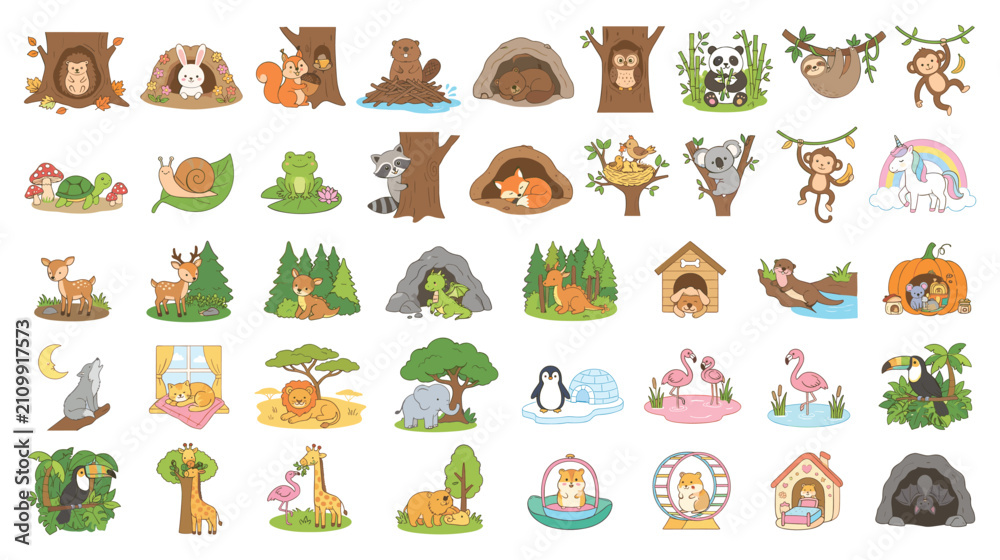 Obraz premium Cute cartoon animals in their natural habitats and homes illustrations.