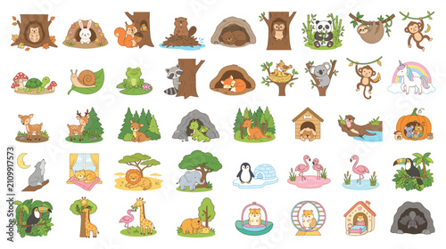 Canvas Print Cute cartoon animals in their natural habitats and homes illustrations