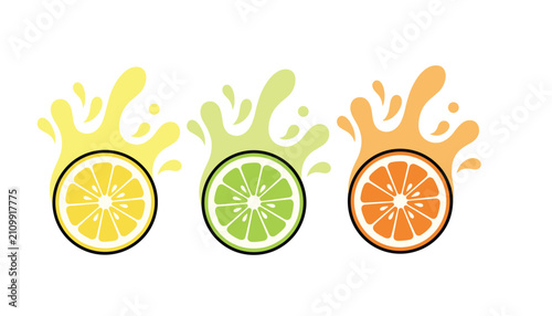 Three vibrant citrus fruit slices including lemon lime and orange with refreshing liquid juice splashes on a light background.