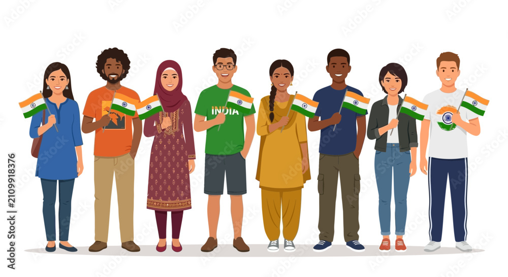 Fototapeta premium Diverse people celebrating independence day india with national flags