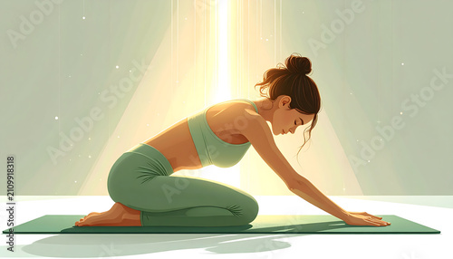 Person doing child's pose yoga mat captures peaceful gentle tension relief back pain wellness atmosphere generative AI