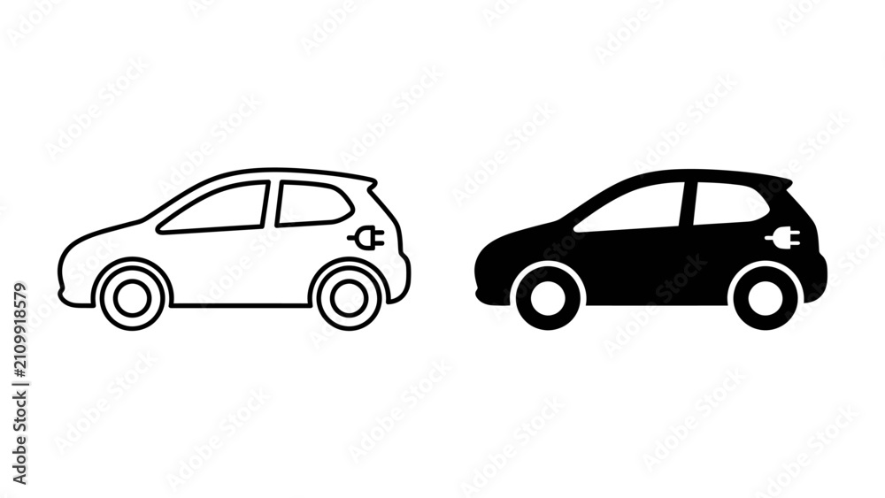 Fototapeta premium Electric Car Icons: Two minimalist icons, one outlined in white and the other solid black, depict an electric car with a charging port symbol, representing sustainable transportation.