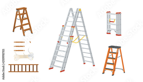 Collection of various ladders including stepladders and rope ladders for construction, industrial, and household usage tasks.