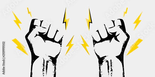 Tableau sur toile Raised fists silhouette with yellow lightning bolts on a white background