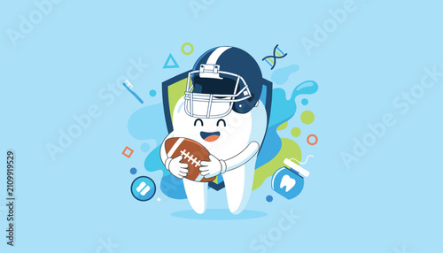Football tooth character wears a helmet and holds a brown ball as a sports mascot for pediatric dentistry.