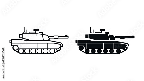 Obraz na plátne Military Tank Icon Set: Two stylized icons of a modern military tank, one in outline and the other in solid black silhouette, representing armored warfare and defense