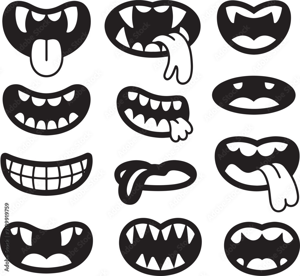 Obraz premium Collection of comic monster mouths with teeth, tongues, and drool expressions cartoon style.